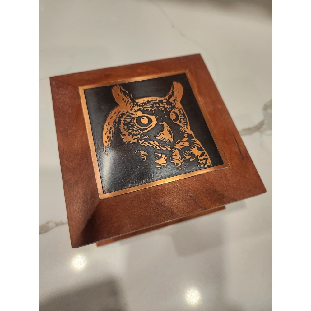 Hand Made Wood Lidded Trinket Jewelry Box With Copper Etched Horned Owl On Lid